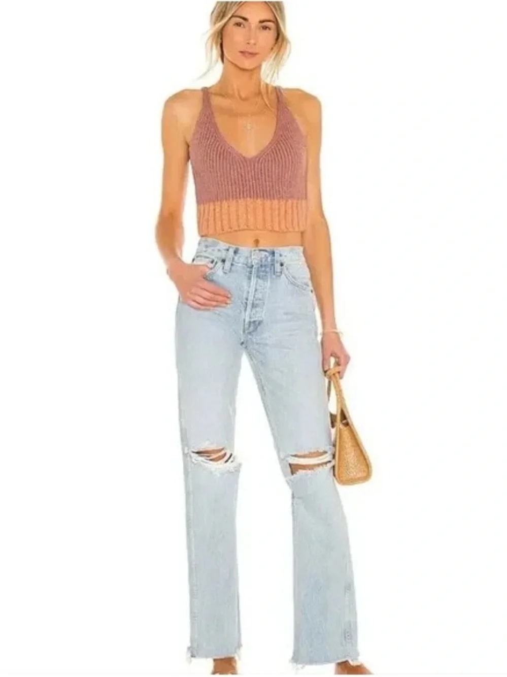 Free People Here All Day Brami - Mauve + Peach - Cropped Tank/Cami - Soft Knit